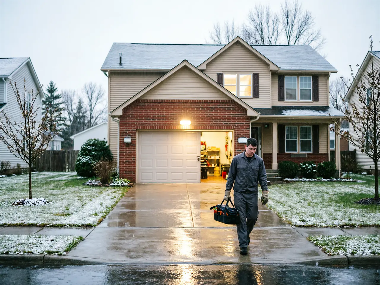 A technician in a gray uniform carries a black toolbox on a wet driveway.