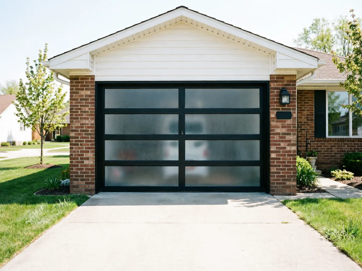 The house has a modern black garage door with frosted glass panels.