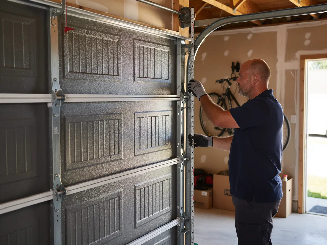 A technician measures the garage door track next to a gray garage door.