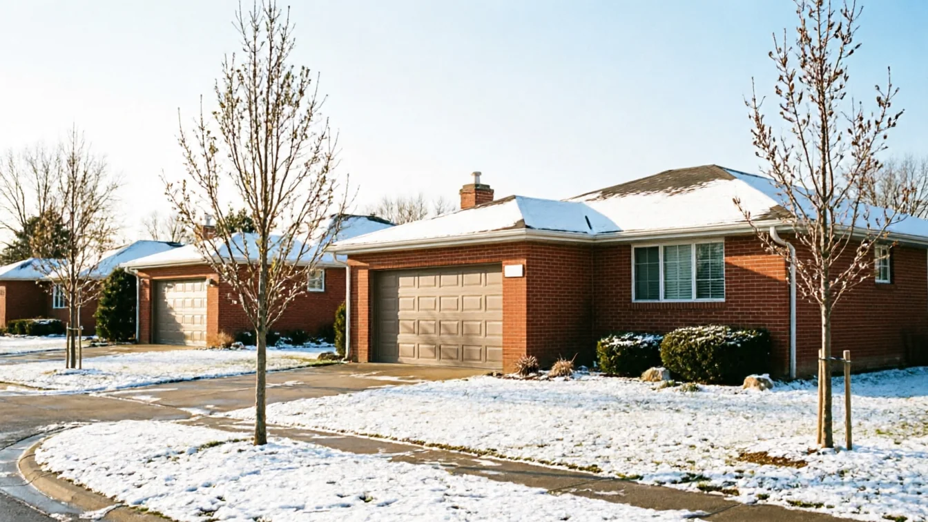 The brick houses have snow on their roofs and lawns, with bare trees in front.