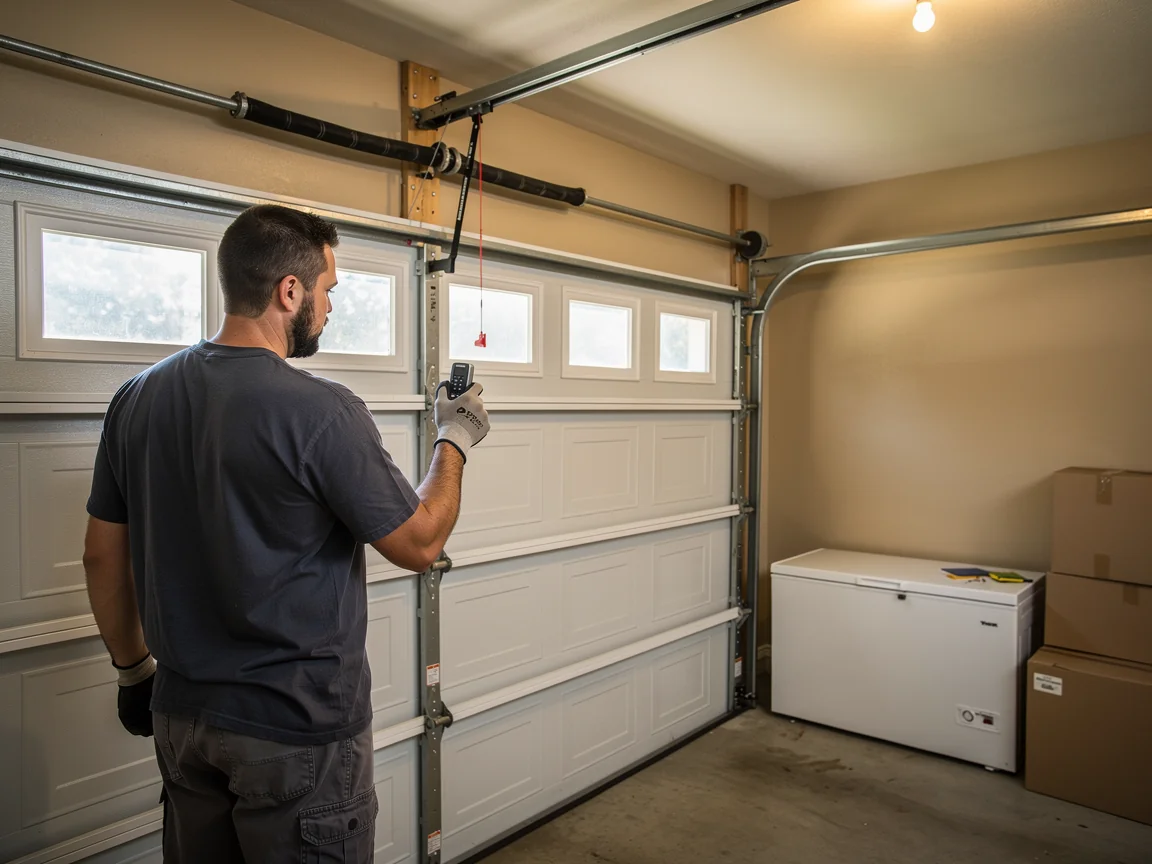 A technician in gloves holds a remote, facing a white garage door with windows.