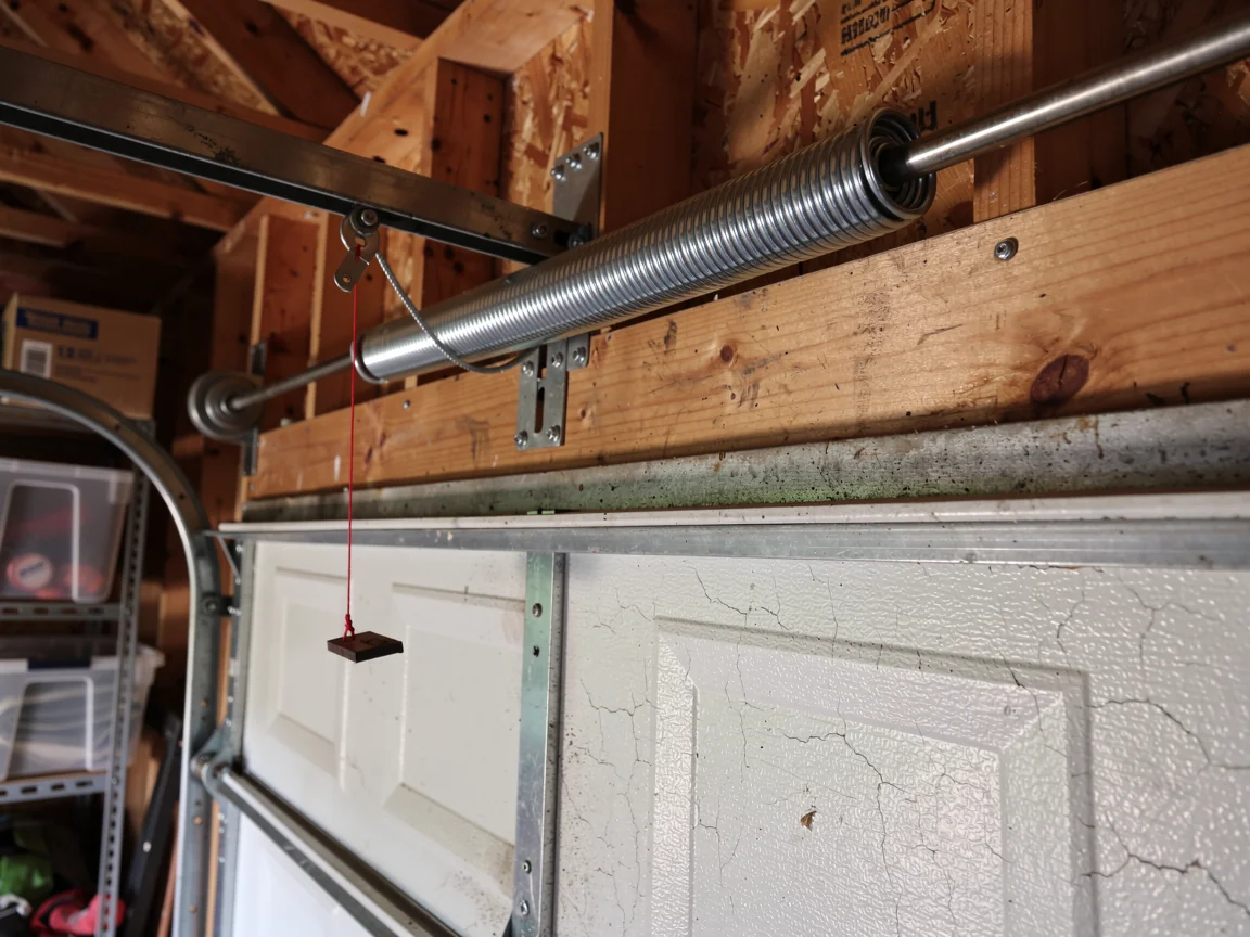 A torsion spring is mounted above a white garage door.