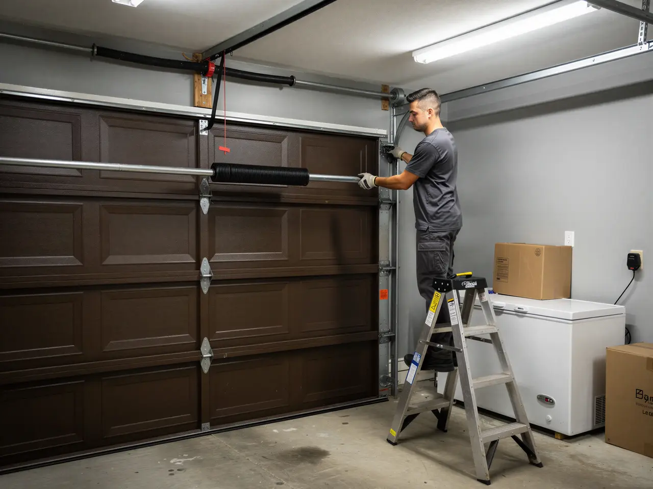 A technician on a ladder is installing a new torsion spring on a brown garage door.